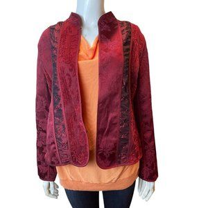 Chico's Womens Hook and Eye Floral Blazer Long Sleeve Mock Neck Burgundy Size 2